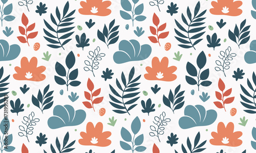 Elegant Hand Drawn Botanical Seamless Pattern, Autumn Foliage with Blue and Orange Leaves
