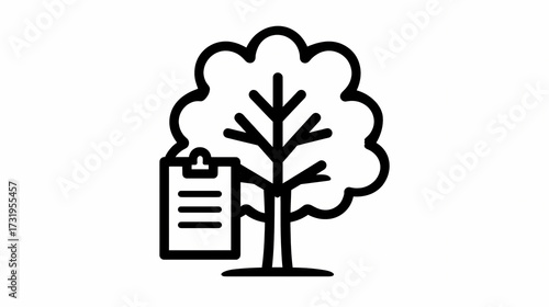 A single line drawing of a tree with a clipboard symbolizing growth plans and environmental project management for nature conservation