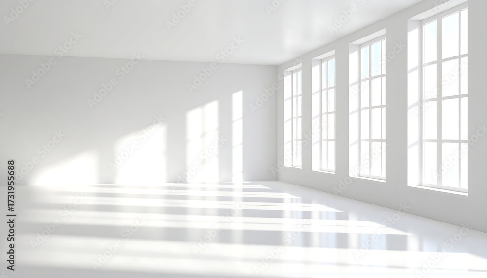 Fototapeta premium Empty, bright white room with large windows. Sunlight casts shadows on floor