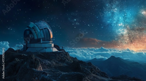 An astronomical observatory on a mountain, with the milky way in the night sky.