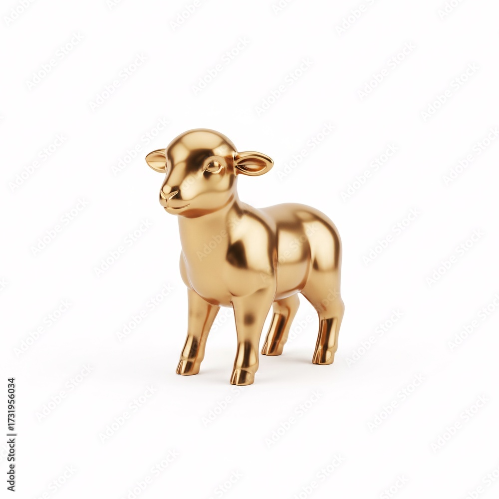 Obraz premium A golden 3D model of a sheep, standing on four legs, with a smooth body and rounded shapes,