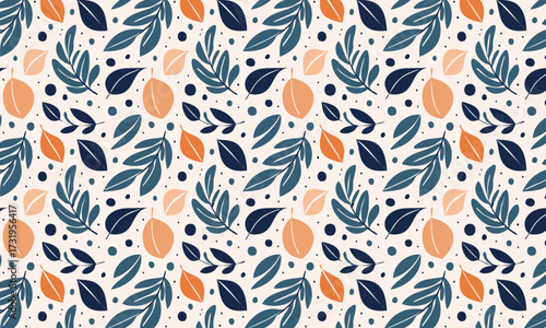 Elegant Hand Drawn Botanical Seamless Pattern, Autumn Foliage with Blue and Orange Leaves