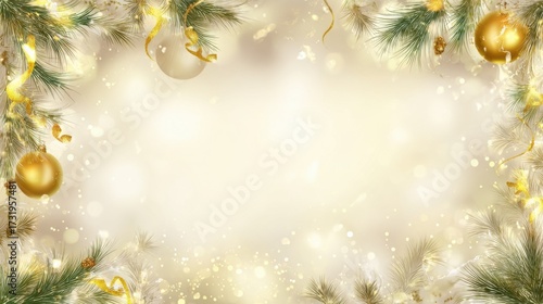 Festive gold and green christmas border with pine branches and baubles