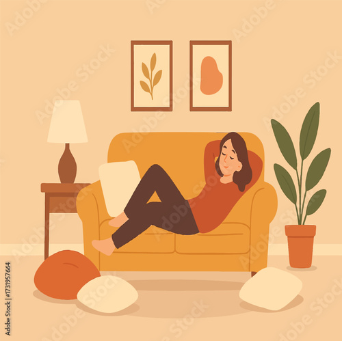 Young woman relaxing in spa with calm lifestyle illustration