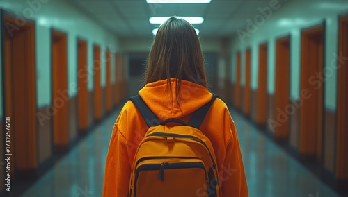 Wallpaper Mural Young person with backpack walking down a long hallway with orange doors, back to camera Torontodigital.ca
