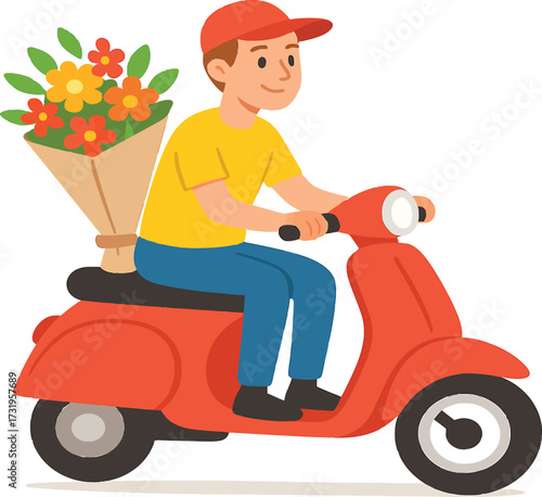 Senior man riding vintage red scooter cartoon illustration vector transport vehicle