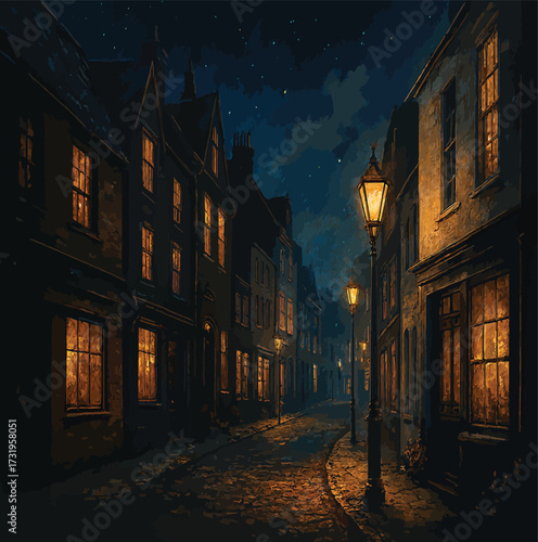 Old European cobblestone street at night with ancient buildings and warm lights