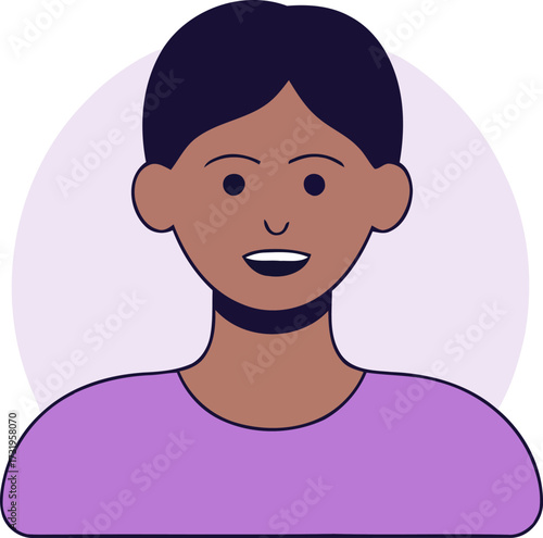 Illustration of a dark skinned person smiling with purple shirt