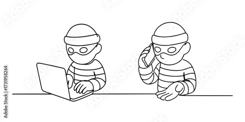 Minimalist one-line drawing of two masked criminals, one using a laptop and the other making a phone call, symbolizing cybercrime, online fraud, phishing, and scam activities, hacking.