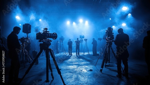 Silhouetted figures stand amidst multiple cameras on tripods, under blue stage lights and smoke