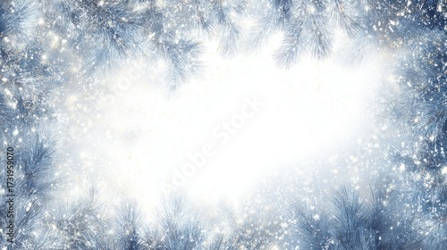 Winter wonderland with snowy pine branches and twinkling lights