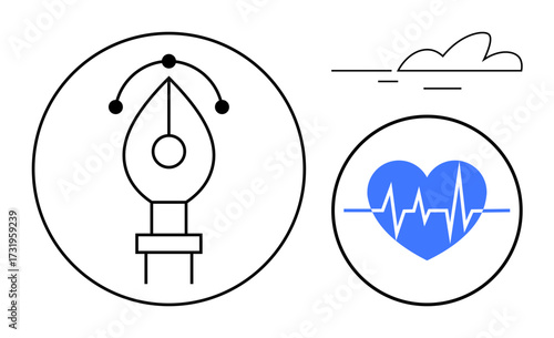 Pen tool tip within a circle next to a heartbeat over a heart icon and minimal clouds. Ideal for creativity, design, health, innovation, wellness, technology, balance. Simple flat metaphor