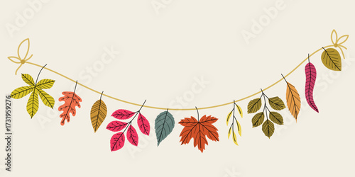 Autumn (Fall) leaves garland. Sort of forest leaves decor, ornament on string. Seasonal decoration in flat minimalistic style. Vector illustration isolated on white background.