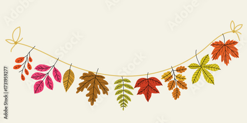 Autumn (Fall) leaves garland. Sort of forest leaves decor, ornament on string. Seasonal decoration in flat minimalistic style. Vector illustration isolated on white background.