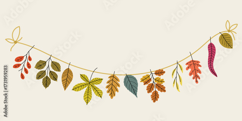 Autumn (Fall) leaves garland. Sort of forest leaves decor, ornament on string. Seasonal decoration in flat minimalistic style. Vector illustration isolated on white background.