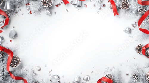 Festive christmas frame with pinecones bells ribbons and snowy fir branches