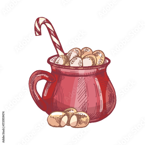 Hand drawn vintage sketch of red mug with hot chocolate, marshmallow and candy cane in retro style
