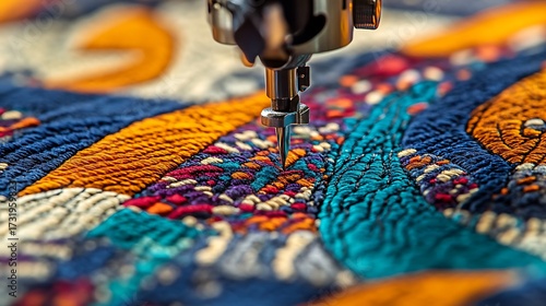 Sewing machine stitching patterned fabric, close-up on the needle and fabric texture