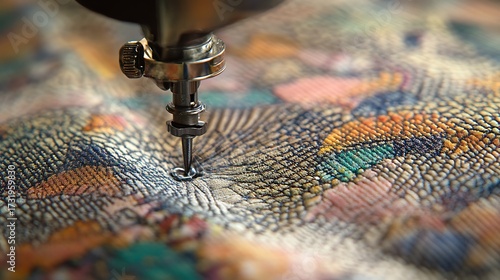 Sewing machine stitching patterned fabric, close-up on the needle and fabric texture