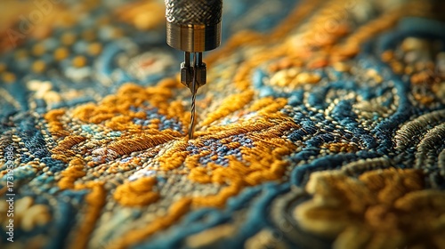 Sewing machine stitching patterned fabric, close-up on the needle and fabric texture