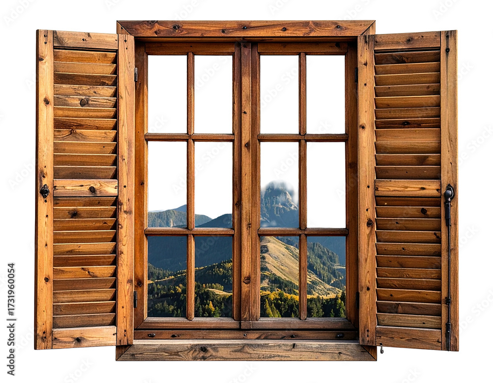 Obraz premium Wooden window with mountain view