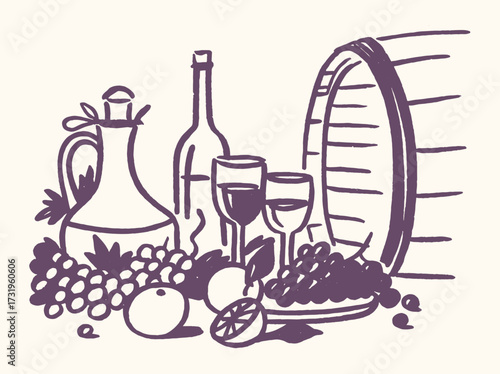 Wine still life sketch style with fruits and barrel vector illustration