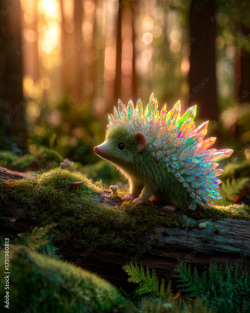 Obraz premium Magical crystal hedgehog in enchanted forest, fantasy creature concept