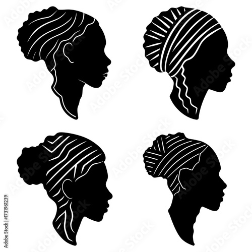 Four silhouette profiles of black women with various traditional head wraps and hairstyles in black and white