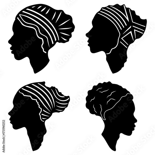 Four black silhouette profiles of women wearing headwraps with white decorative patterns on a white background