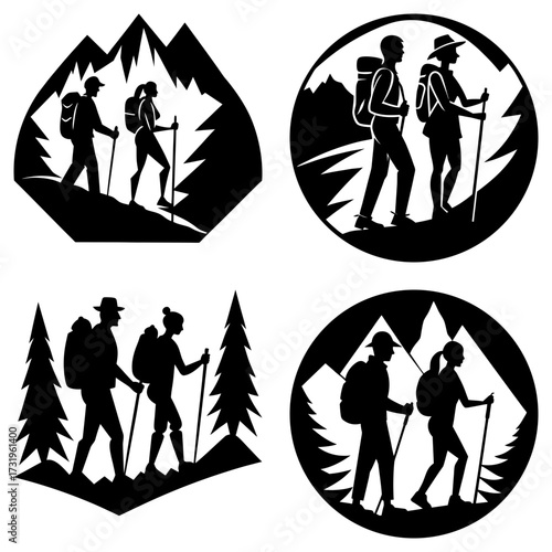 Four black and white vector illustrations of people hiking in the mountains with hiking sticks and backpacks