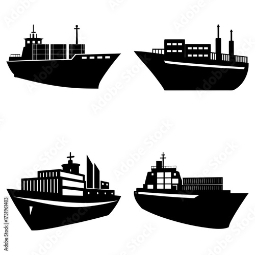 Silhouette illustration of four container ships with varying designs and cargo arrangements on white background