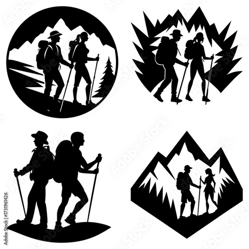 Silhouette illustrations of hikers with backpacks in various mountain scenes in black and white color scheme