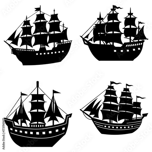 Four detailed black silhouettes of sailing ships with multiple masts and billowing sails on a white background