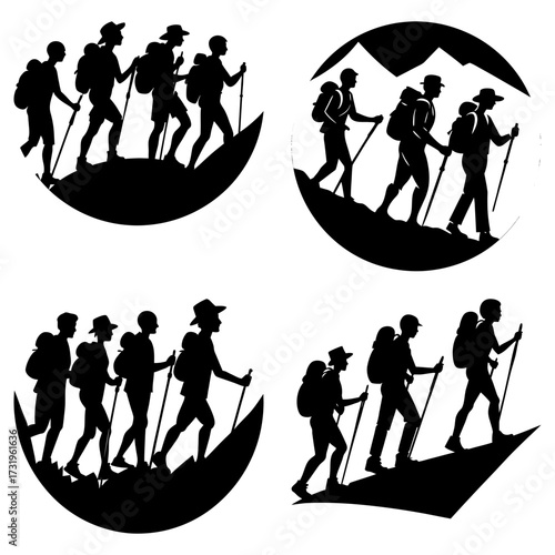 Four black and white silhouette illustrations of groups of hikers with backpacks and trekking poles climbing hills