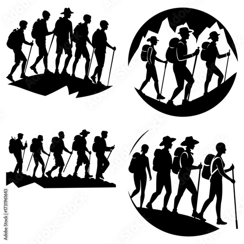 Silhouettes of groups of hikers with backpacks and hiking poles in various mountain landscapes scenes