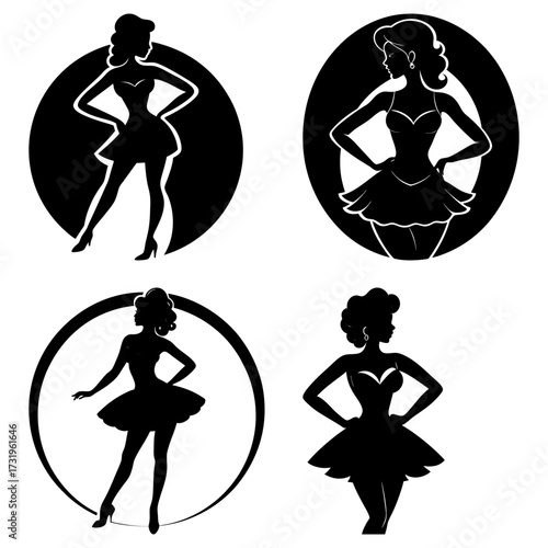 Silhouettes of pinup girls in circles posing with hands on hips and short skirts in black and white style