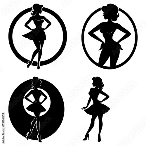 Silhouette illustrations of women in retro style dresses inside circles with different poses and hairstyles