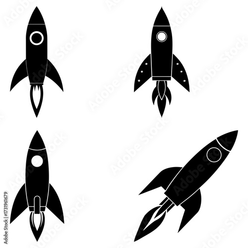 Collection of four black and white rocket ship illustrations in various orientations and designs on white