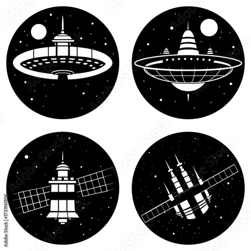 Four circular black and white space themed icons showing different space stations and satellites