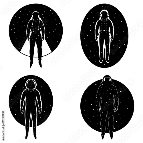 Four black and white astronaut illustrations against starry backgrounds in various poses and styles