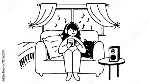 Woman listening to music on headphones while sitting on a couch in front of a window with curtains created with generated ai 