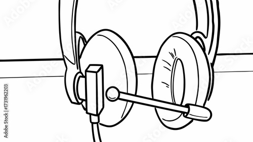 Illustration of a headset with a microphone on a surface in black and white outline style design created with generated ai 
