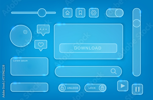 Vector illustration. Glassmorphism glass icon set of ui ux elements for mobile app user interface.