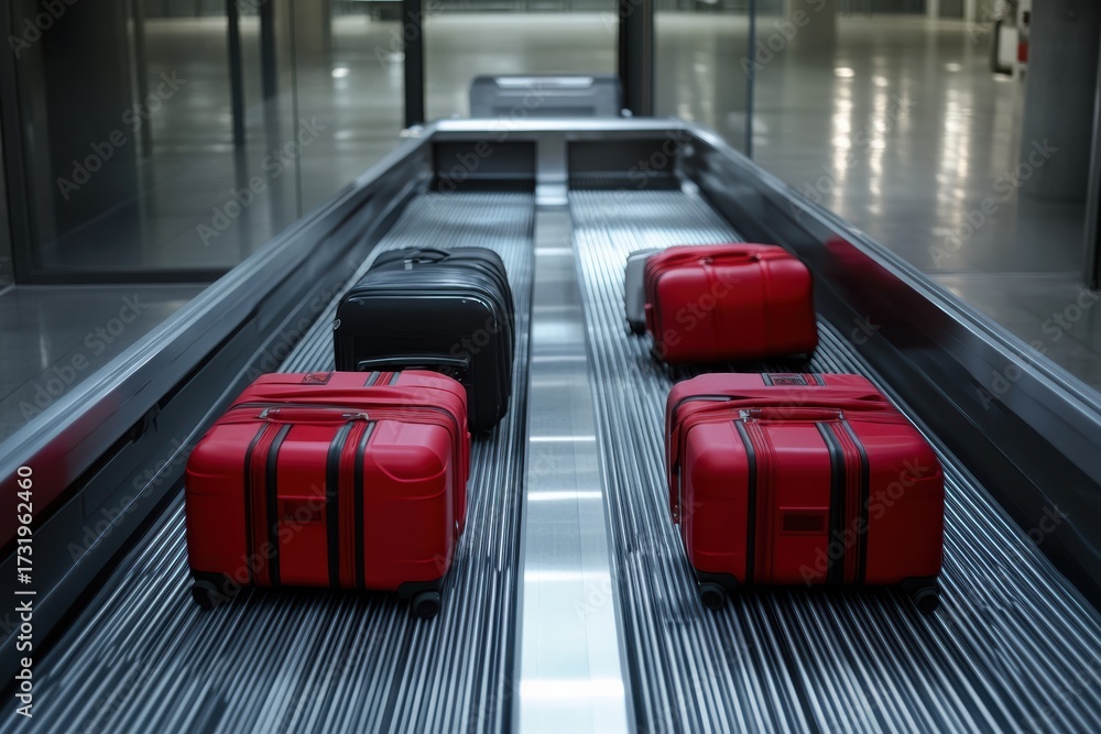 Fototapeta premium Suitcases moving on airport security conveyor belt during travel process