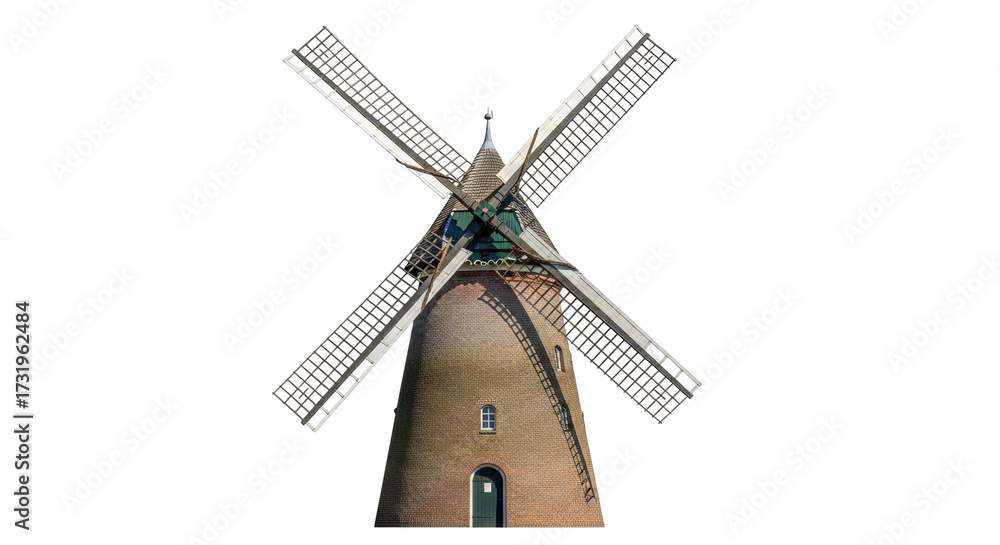 Obraz premium Isolated windmill, traditional Dutch architecture, historic building, farm, landmark and rural Europe