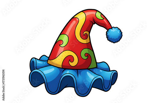 Colorful Jester Hat: Cartoon Illustration, Festive Headwear, Circus Costume Element