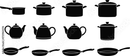 Set of Kitchen Cookware Silhouettes Including Pots, Teapots, and Frying Pans Isolated on White Background for Culinary Design