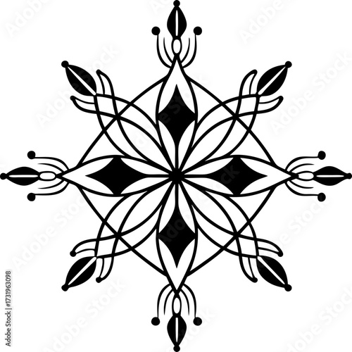Ornate black symmetrical snowflake pattern with elegant lines and curves intricate winter abstract geometric floral design