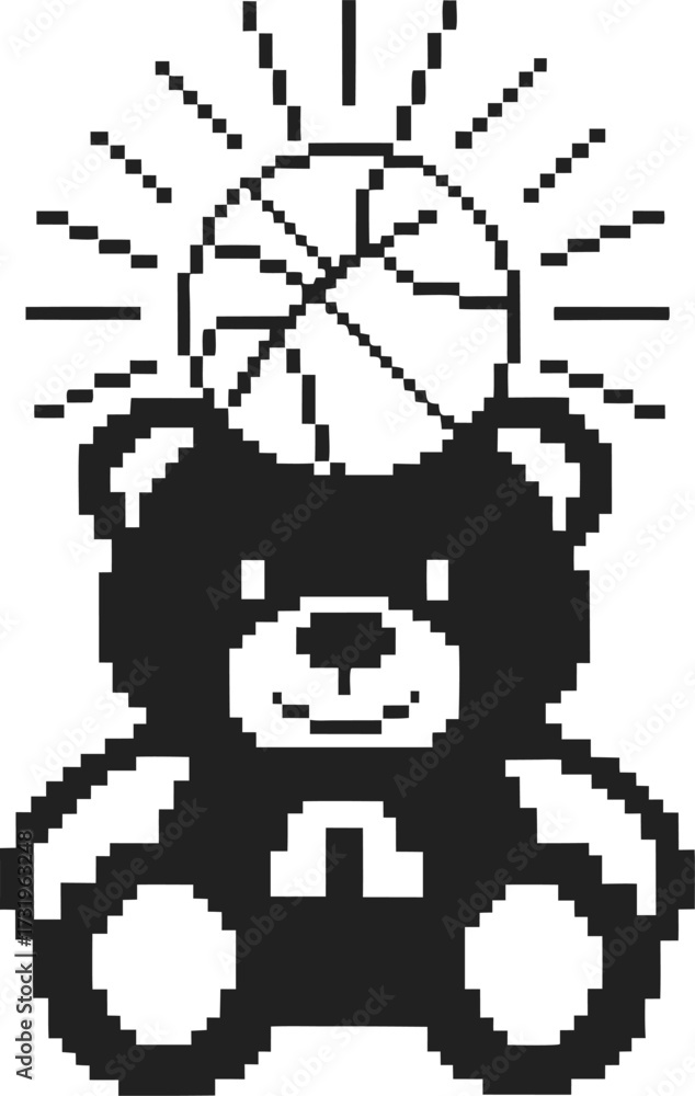 Obraz premium Pixel plush bear with basketball retro toy with smiling face, sunburst ball, black and white digital illustration