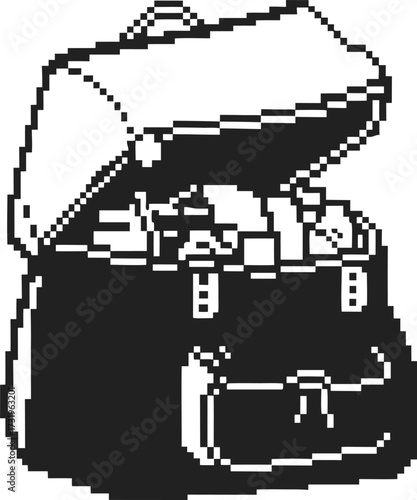 Open pixelated treasure chest filled with valuables, coins and jewels retro 8 bit black and white game asset
